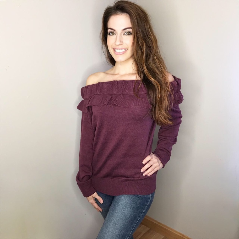 LAST 1- Eggplant off shoulder sweater - Picture 3 of 5